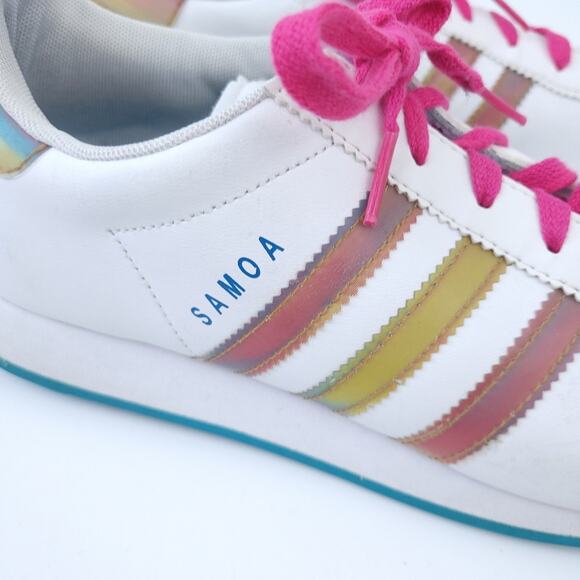 Adidas Samoa White Leather 3 Stripe Shoe Size 6.5 Run Large Shimmering 3-Stripe - Picture 3 of 8